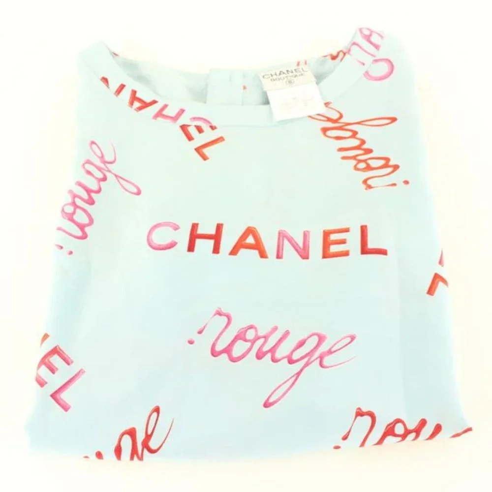 Chanel Size 38 96P Rouge Coco All Over Blue Silk Top Blouse Shirt 69cc614s